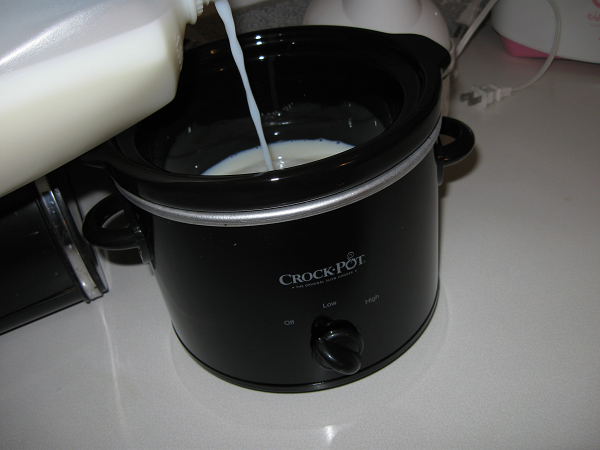fill crock with skim milk